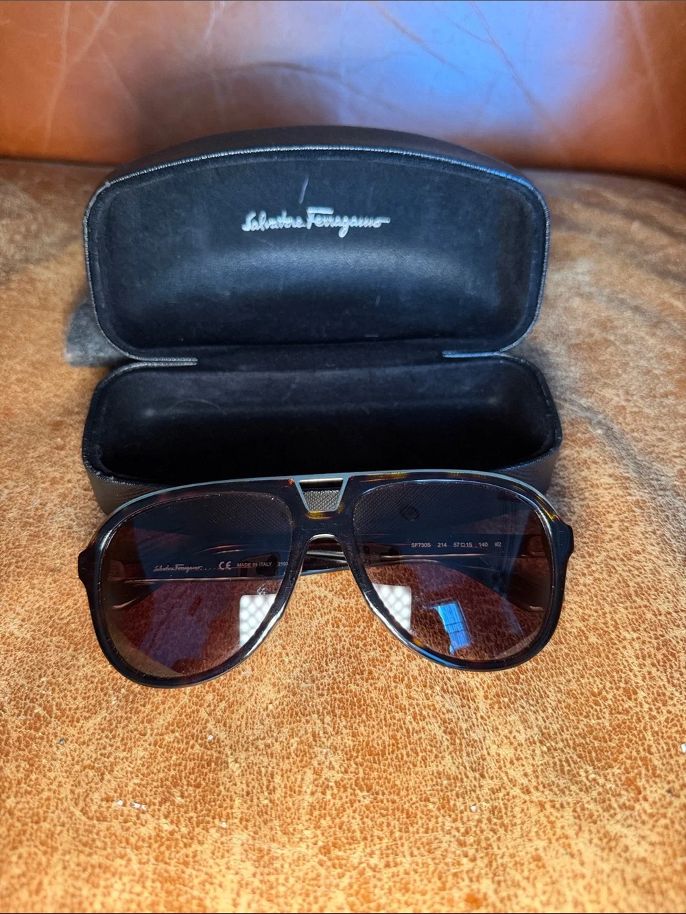 Salvatore Ferragamo Black and Brown Sunglasses with Branded Case